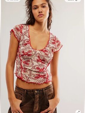 NWT Free People Oh My Baby Crop Mesh Top XL Sand Combo Floral Sheer Lettuce Edge
